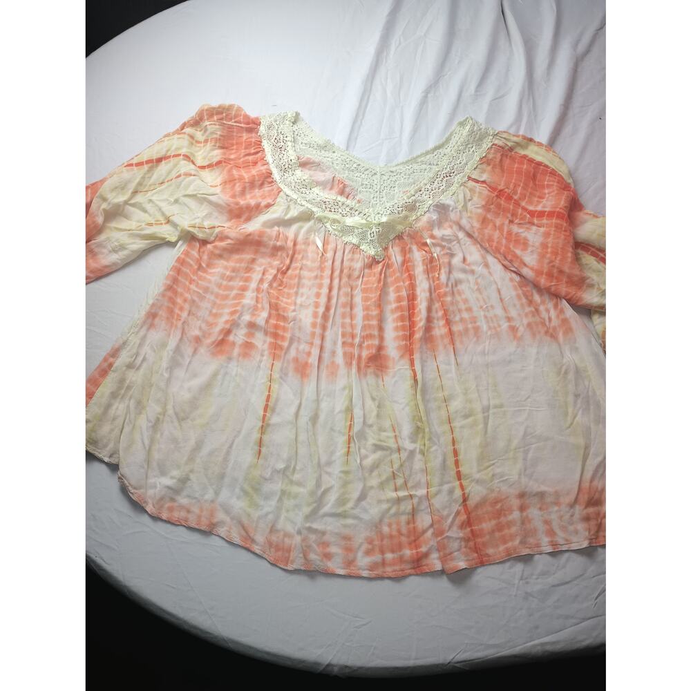 VELZERA Top Women Small Yellow Orange V-Neck Kimono Sleeve Casual Tie dye